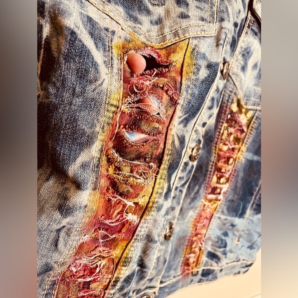 🎨 AIRBRUSHED GLITTER DECORATED ART Earl Jean Vest XL Boho Possibly Upcycled 90s - Picture 4 of 16